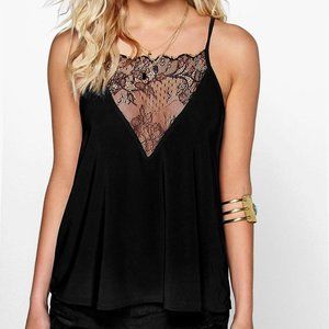 BooHoo Black Lace Panel Cami Tank sz M